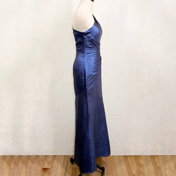 Theia One Shoulder Ruched Gown Sail Blue Silk Metallic Formal Wedding Size 2 - Picture 7 of 14